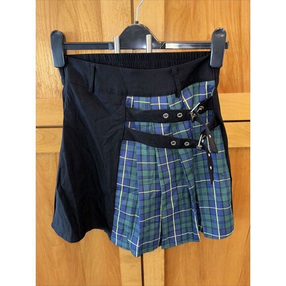 Scarlet Darkness Skirt L Black Green Plaid Mini Buckle Goth Steampunk Cosplay - Picture 1 of 5